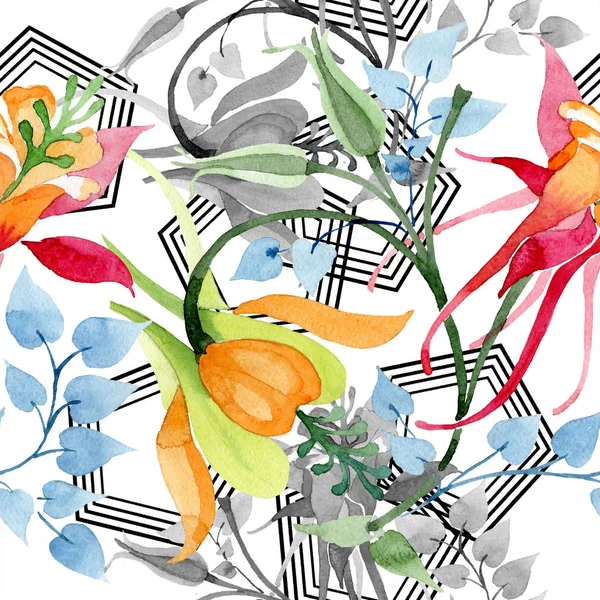 Blumenschmuck botanische Blume. Aquarell Hintergrundillustration Set. Aquarellzeichnung Modeaquarell isoliert. nahtlose Hintergrundmuster. Stoff Tapete drucken Textur. — Stockfoto