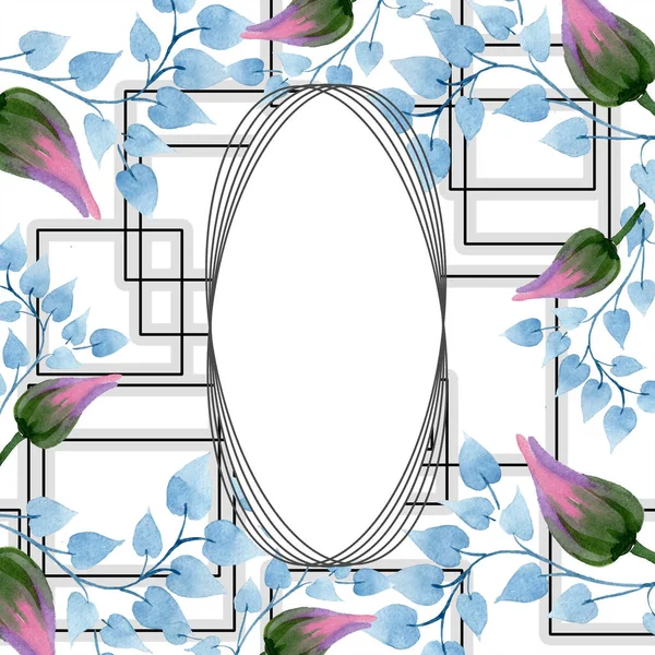 Adorno floral flor botánica. Flor silvestre de hoja de primavera aislada. Conjunto de ilustración de fondo acuarela. Acuarela dibujo moda acuarela aislado. Marco borde ornamento cuadrado . - foto de stock