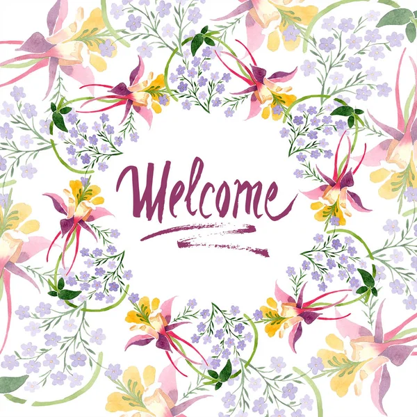 Ilustración de fondo de acuarela con adorno floral y letras de bienvenida - foto de stock