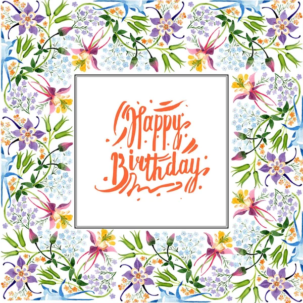 Acuarela fondo ilustración conjunto con adorno floral y letras feliz cumpleaños - foto de stock