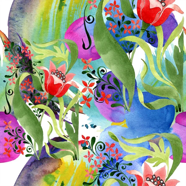 Red floral botanical flower. Wild spring leaf isolated. Watercolor illustration set. Watercolour drawing fashion aquarelle. Seamless ornament background pattern. Fabric wallpaper print texture. — Stock Photo