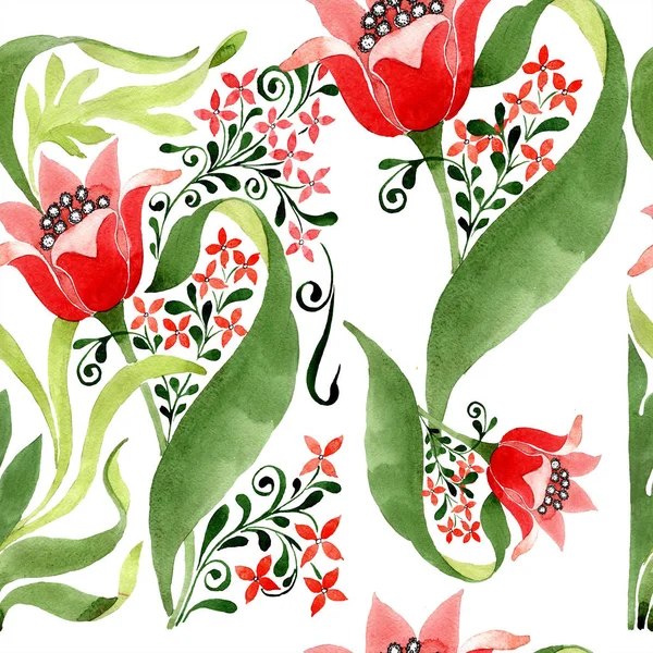 Red floral botanical flower. Wild spring leaf isolated. Watercolor illustration set. Watercolour drawing fashion aquarelle. Seamless ornament background pattern. Fabric wallpaper print texture. — Stock Photo