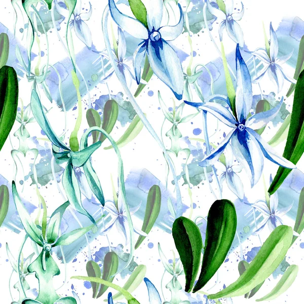 Orquídea rara azul. Flor botánica floral. Hoja de primavera salvaje. Juego de ilustración en acuarela. Acuarela dibujo moda acuarela aislado. Patrón de fondo sin costuras. Textura de impresión de papel pintado de tela . - foto de stock