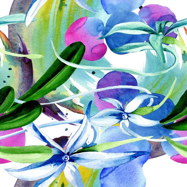 Orchidée rare bleue. Fleur botanique florale. Feuille de printemps sauvage. Ensemble d'illustration aquarelle. Aquarelle dessin mode aquarelle isolé. Modèle de fond sans couture. Texture d'impression papier peint tissu . — Photo de stock