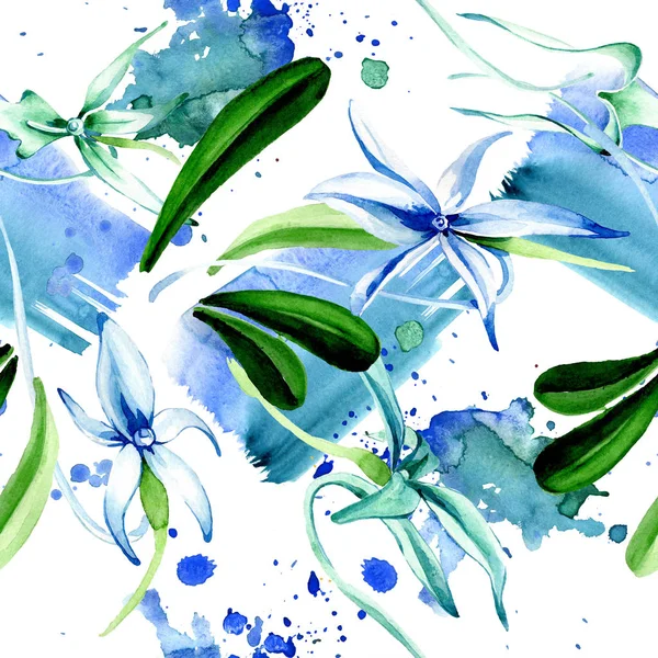 Orquídea rara azul. Flor botánica floral. Hoja de primavera salvaje. Juego de ilustración en acuarela. Acuarela dibujo moda acuarela aislado. Patrón de fondo sin costuras. Textura de impresión de papel pintado de tela . - foto de stock