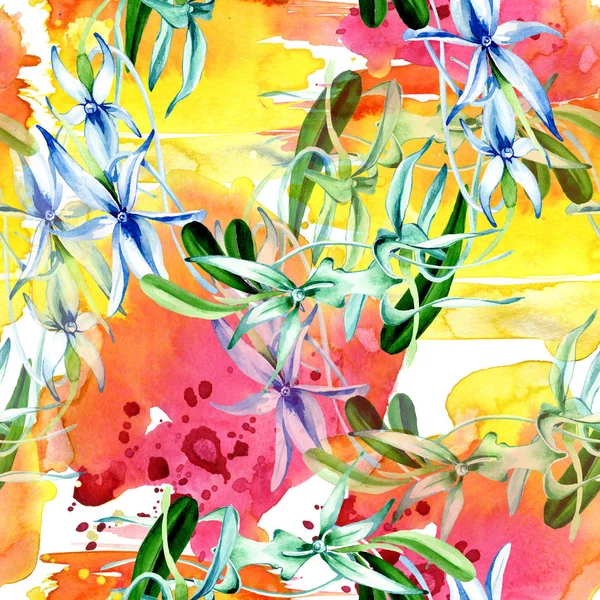 Orchidea blu rara. Fiore botanico floreale. Foglia selvatica. Set illustrazione acquerello. Acquerello disegno moda acquerello isolato. Modello di sfondo senza soluzione di continuità. Tessuto carta da parati stampa texture . — Foto stock