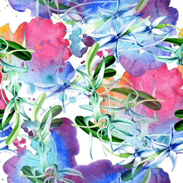 Orchidée rare bleue. Fleur botanique florale. Feuille de printemps sauvage. Ensemble d'illustration aquarelle. Aquarelle dessin mode aquarelle isolé. Modèle de fond sans couture. Texture d'impression papier peint tissu . — Photo de stock