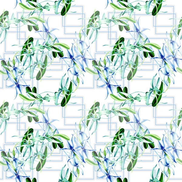 Orquídea rara azul. Flor botánica floral. Hoja de primavera salvaje. Juego de ilustración en acuarela. Acuarela dibujo moda acuarela aislado. Patrón de fondo sin costuras. Textura de impresión de papel pintado de tela . - foto de stock