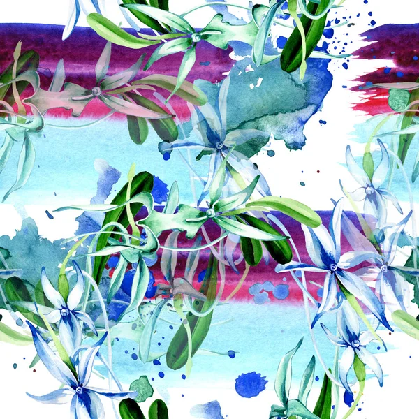 Orquídea rara azul. Flor botánica floral. Hoja de primavera salvaje. Juego de ilustración en acuarela. Acuarela dibujo moda acuarela aislado. Patrón de fondo sin costuras. Textura de impresión de papel pintado de tela . - foto de stock