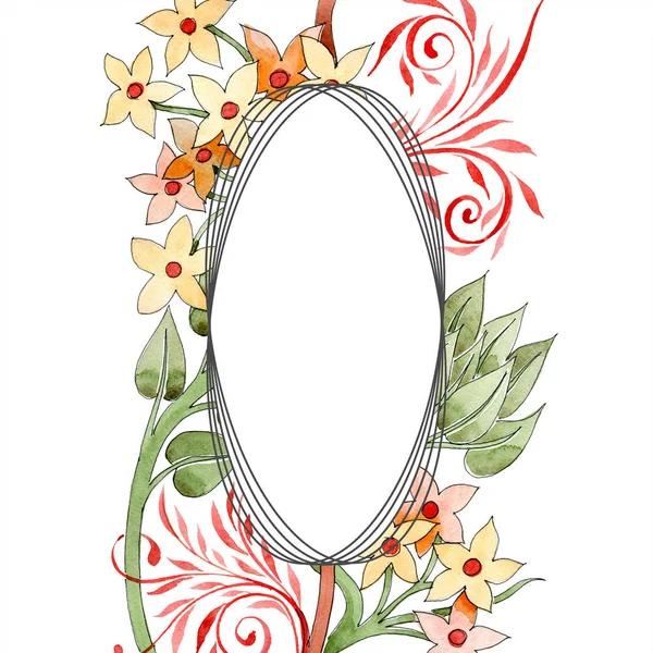 Colorido adorno floral con remolinos. Conjunto de ilustración de fondo acuarela. Marco ornamento borde con espacio de copia . — Stock Photo