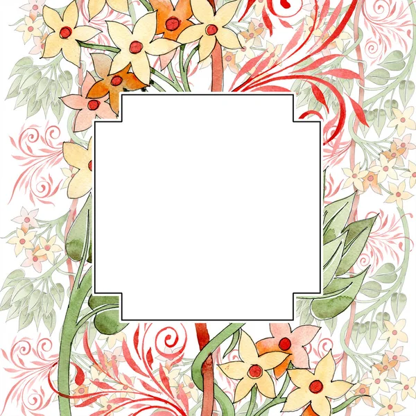 Colorido adorno floral con remolinos. Conjunto de ilustración de fondo acuarela. Marco ornamento borde con espacio de copia . - foto de stock