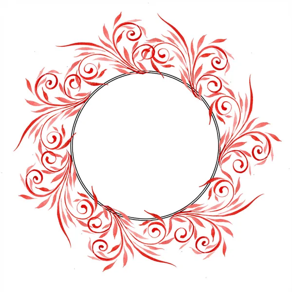 Ornement floral rouge avec tourbillons. Ensemble d'illustration de fond aquarelle. Cadre bordure ornement avec espace de copie . — Photo de stock