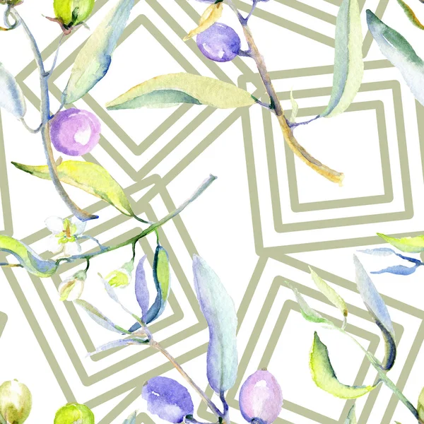 Oliven Aquarell Hintergrund Illustrationsset. nahtlose Hintergrundmuster. Stoff Tapete drucken Textur. — Stockfoto