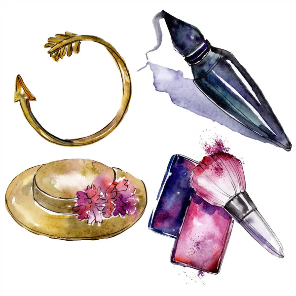 Parfüm, Rouge, Armband und Hut skizzieren modischen Glamour. Kleidung Accessoires setzen trendige Mode Outfit. Aquarell Hintergrund Set vorhanden. Aquarell zeichnen Mode-Aquarell. isoliertes Illustrationselement. — Stockfoto