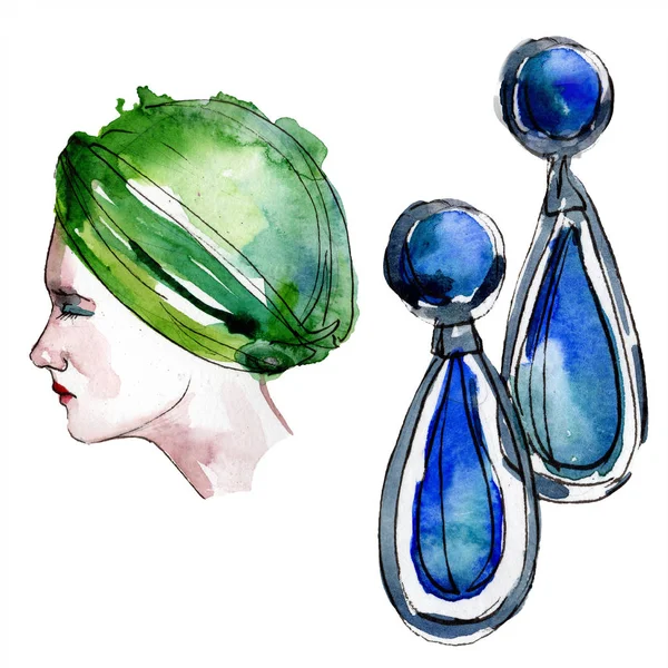 Hat and earrings sketch fashion glamour illustration in a watercolor style. Clothes accessories set trendy vogue outfit. Aquarelle sketch for background. Watercolour drawing aquarelle isolated. — Stock Photo
