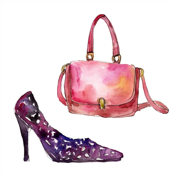 Tasche und Schuh skizzieren Mode-Glamour-Illustration im Aquarell-Stil. Kleidung Accessoires setzen trendige Mode Outfit. Aquarell Mode Skizze für Hintergrund. Aquarell Zeichnung Aquarell isoliert. — Stockfoto