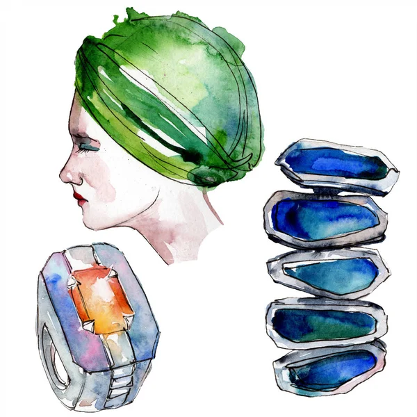 Hut, Ring und Ohrringe skizzieren Mode-Glamour-Illustrationen im Aquarell-Stil. Kleidung Accessoires setzen trendige Mode Outfit. Aquarell-Skizze für Hintergrund. Aquarell Zeichnung Aquarell isoliert. — Stockfoto