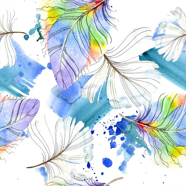 Pluma colorida de pájaro de ala aislada. Conjunto de ilustración de fondo acuarela. Acuarela dibujo moda acuarela aislado. Patrón de fondo sin costuras. Textura de impresión de papel pintado de tela . - foto de stock