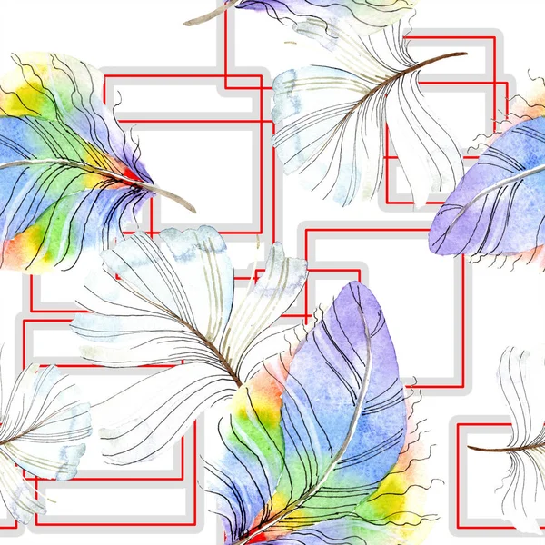 Piuma d'uccello variopinta da ala isolata. Acquerello sfondo illustrazione set. Acquerello disegno moda acquerello isolato. Modello di sfondo senza soluzione di continuità. Tessuto carta da parati stampa texture . — Foto stock