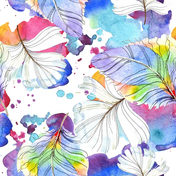 Colorful bird feather from wing isolated. Watercolor background illustration set. Watercolour drawing fashion aquarelle isolated. Seamless background pattern. Fabric wallpaper print texture. — Stock Photo