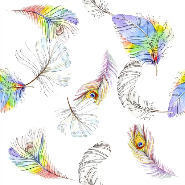 Pluma colorida de pájaro de ala aislada. Conjunto de ilustración de fondo acuarela. Acuarela dibujo moda acuarela aislado. Patrón de fondo sin costuras. Textura de impresión de papel pintado de tela . - foto de stock