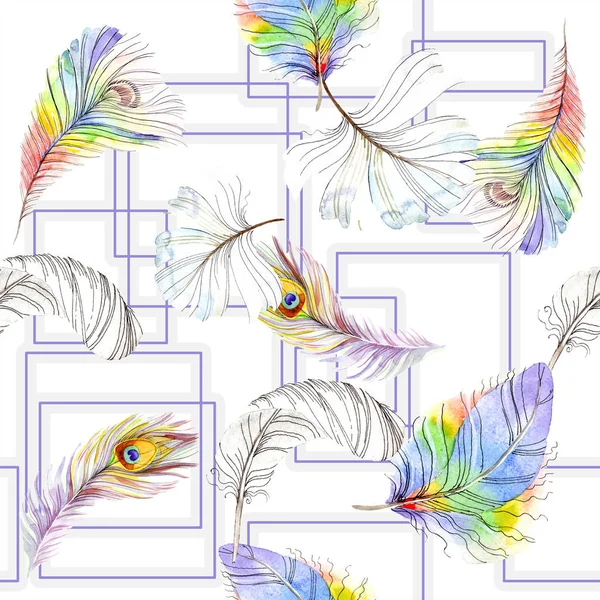Pluma colorida de pájaro de ala aislada. Conjunto de ilustración de fondo acuarela. Acuarela dibujo moda acuarela aislado. Patrón de fondo sin costuras. Textura de impresión de papel pintado de tela . - foto de stock