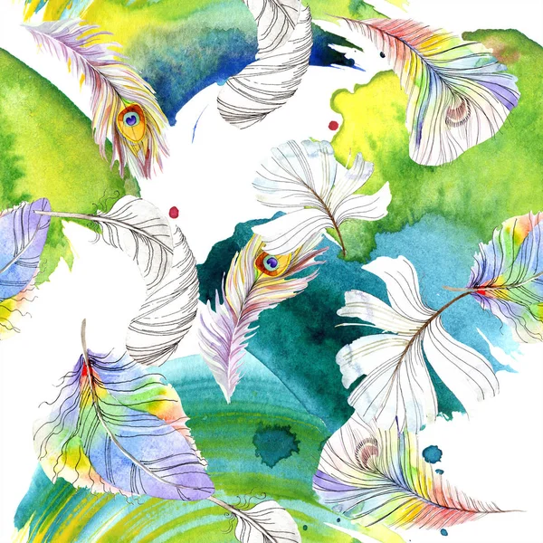 Bunte Vogelfeder vom Flügel isoliert. Aquarell Hintergrundillustration Set. Aquarellzeichnung Modeaquarell isoliert. nahtlose Hintergrundmuster. Stoff Tapete drucken Textur. — Stockfoto