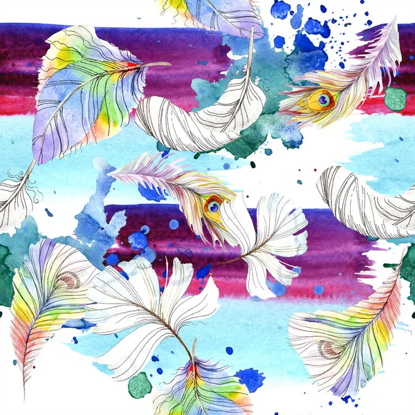 Colorful bird feather from wing isolated. Watercolor background illustration set. Watercolour drawing fashion aquarelle isolated. Seamless background pattern. Fabric wallpaper print texture. — Stock Photo