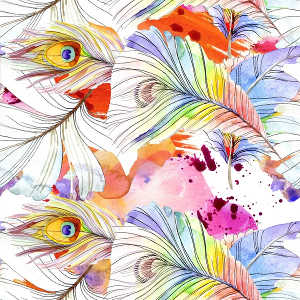 Colorful bird feather from wing isolated. Watercolor background illustration set. Watercolour drawing fashion aquarelle isolated. Seamless background pattern. Fabric wallpaper print texture. — Stock Photo