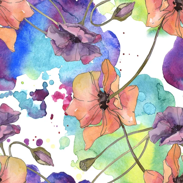 Red and purple poppy floral botanical flower. Wild spring leaf isolated. Watercolor illustration set. Watercolour drawing aquarelle. Seamless background pattern. Fabric wallpaper print texture. — Stock Photo