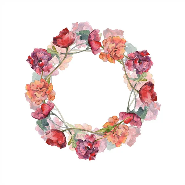 Flor botânica floral de papoula vermelha. Folha selvagem primavera wildflower isolado. Conjunto de ilustração de fundo aquarela. Aquarelle desenho aquarelle moda isolado. Quadro borda ornamento quadrado . — Fotografia de Stock