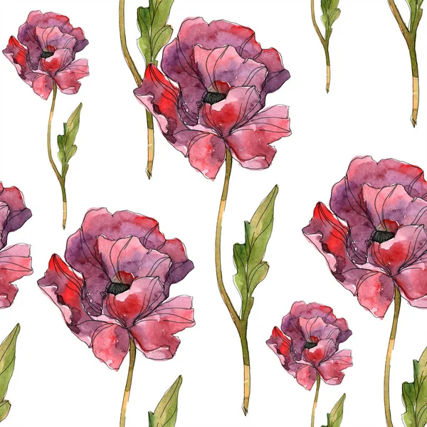 Red poppy floral botanical flower. Wild spring leaf. Watercolor illustration set. Watercolour drawing fashion aquarelle isolated. Seamless background pattern. Fabric wallpaper print texture. — Stock Photo