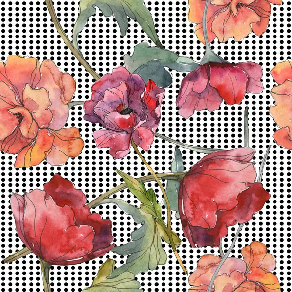 Red poppy floral botanical flower. Wild spring leaf. Watercolor illustration set. Watercolour drawing fashion aquarelle isolated. Seamless background pattern. Fabric wallpaper print texture. — Stock Photo