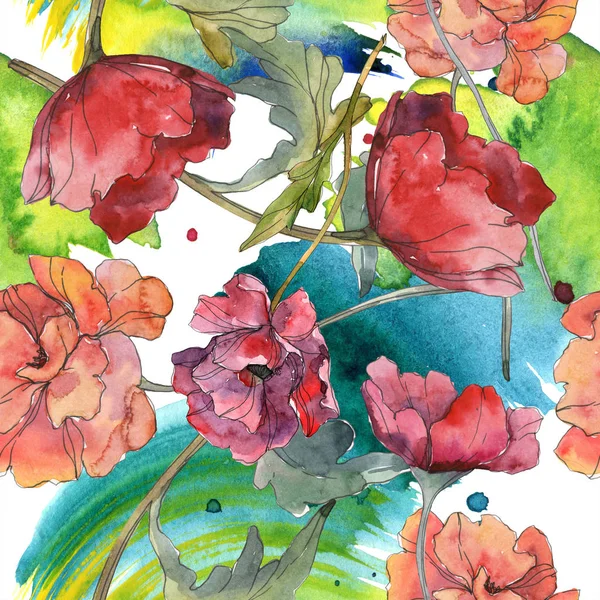 Botanische Blume des roten Mohns. wildes Frühlingsblatt. Aquarell-Illustrationsset vorhanden. Aquarellzeichnung Modeaquarell isoliert. nahtlose Hintergrundmuster. Stoff Tapete drucken Textur. — Stockfoto