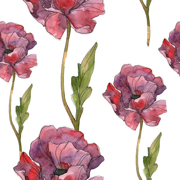 Red isolated poppies watercolor illustration set. Seamless background pattern. Fabric wallpaper print texture. — Stock Photo