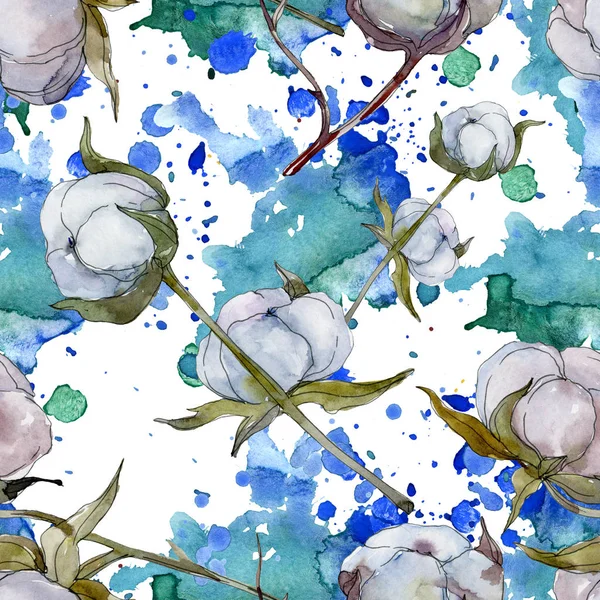 White cotton botanical flower. Wild spring leaf wildflower. Watercolor illustration set. Watercolour drawing fashion aquarelle isolated. Seamless background pattern. Fabric wallpaper print texture. — Stock Photo