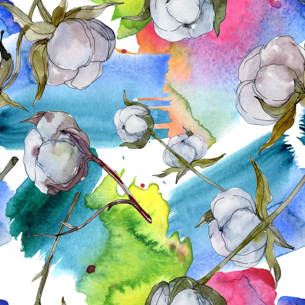 Weiße botanische Baumwollblume. wilde Frühlingsblume. Aquarell-Illustrationsset vorhanden. Aquarellzeichnung Modeaquarell isoliert. nahtlose Hintergrundmuster. Stoff Tapete drucken Textur. — Stockfoto