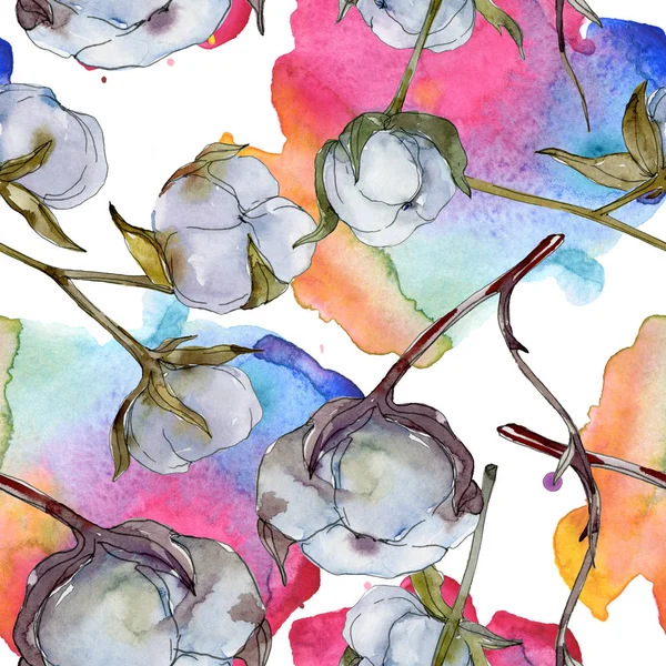 White cotton botanical flower. Wild spring leaf wildflower. Watercolor illustration set. Watercolour drawing fashion aquarelle isolated. Seamless background pattern. Fabric wallpaper print texture. — Stock Photo