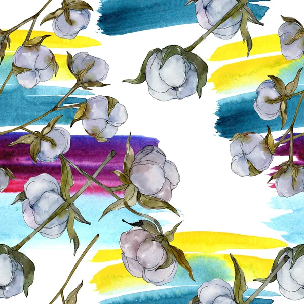 Flor botánica de algodón blanco. Flor silvestre de hoja de primavera. Juego de ilustración en acuarela. Acuarela dibujo moda acuarela aislado. Patrón de fondo sin costuras. Textura de impresión de papel pintado de tela . — Stock Photo