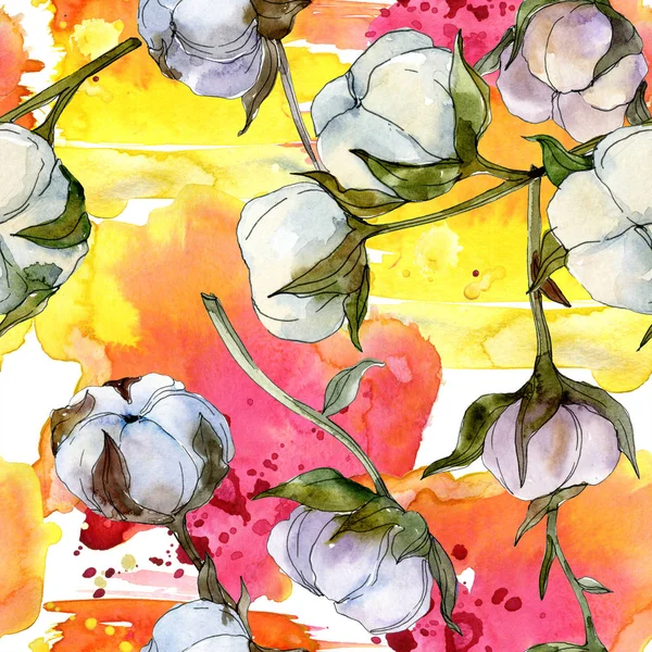 Хлопок цветочный ботанический. Дикий весенний цветок. Набор акварельных рисунков. Акварель акварель акварель изолирована. Бесшовный рисунок фона. Текстура ткани для печати обоев . — стоковое фото