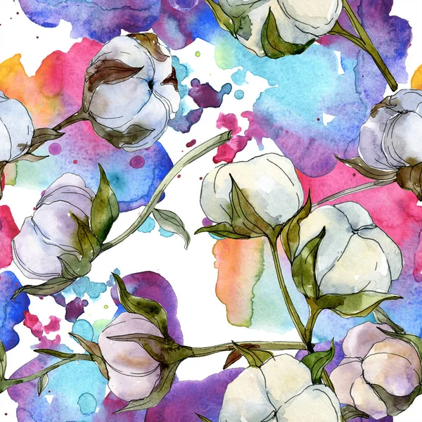 Flor botânica floral de algodão. Folha selvagem da primavera wildflower. Conjunto de ilustrações aquarela. Aquarelle desenho aquarelle moda isolado. Padrão de fundo sem costura. Tecido papel de parede impressão textura . — Fotografia de Stock