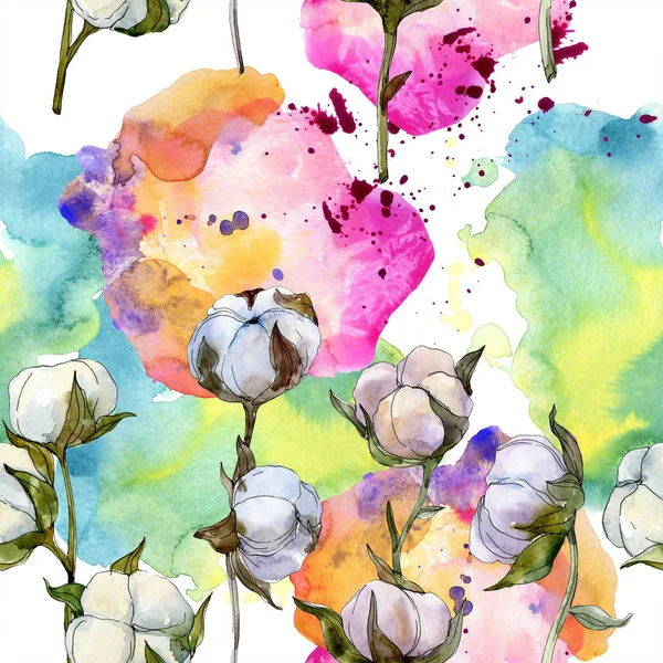 Flor botânica floral de algodão. Folha selvagem da primavera wildflower. Conjunto de ilustrações aquarela. Aquarelle desenho aquarelle moda isolado. Padrão de fundo sem costura. Tecido papel de parede impressão textura . — Fotografia de Stock