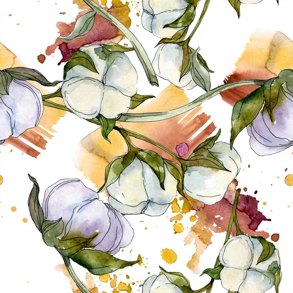 Cotton floral botanical flower. Wild spring leaf wildflower. Watercolor illustration set. Watercolour drawing fashion aquarelle isolated. Seamless background pattern. Fabric wallpaper print texture. — Stock Photo