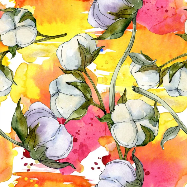 Cotton floral botanical flower. Wild spring leaf wildflower. Watercolor illustration set. Watercolour drawing fashion aquarelle isolated. Seamless background pattern. Fabric wallpaper print texture. — Stock Photo