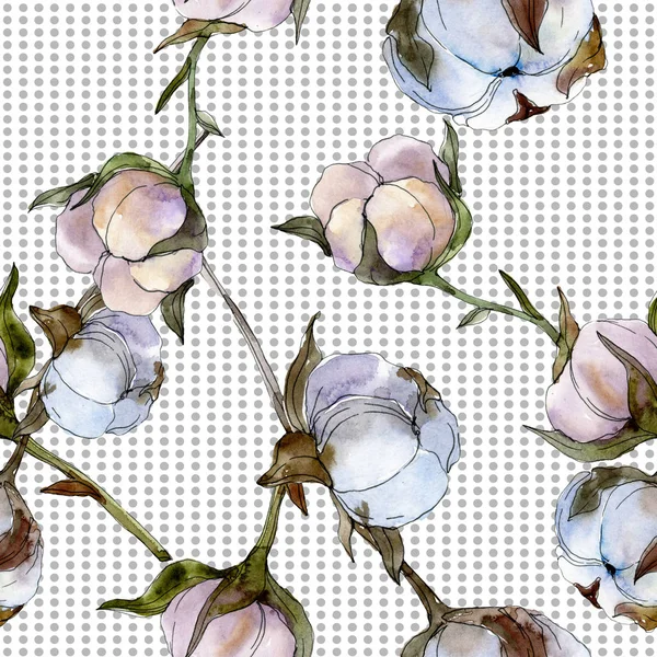 Baumwolle Blumen botanische Blume. wilde Frühlingsblume. Aquarell-Illustrationsset vorhanden. Aquarellzeichnung Modeaquarell isoliert. nahtlose Hintergrundmuster. Stoff Tapete drucken Textur. — Stockfoto