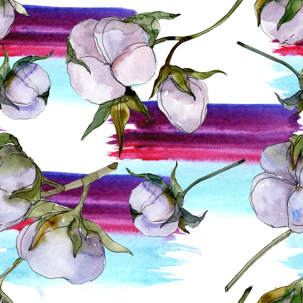 Baumwollblumen. Aquarell Hintergrundillustration Set. nahtloses Hintergrundmuster. — Stockfoto
