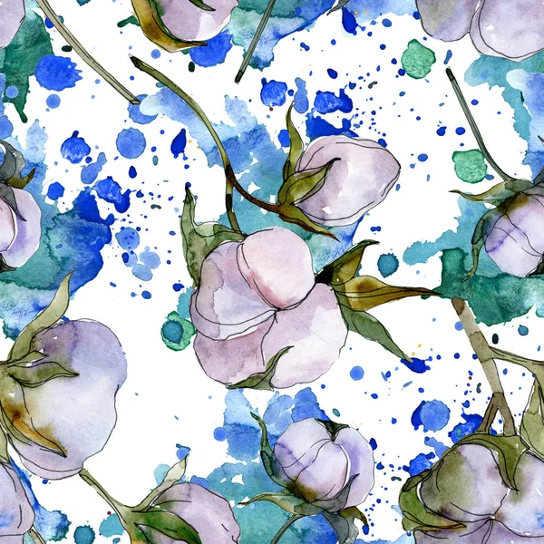 Cotton flowers. Watercolor background illustration set. Seamless background pattern. — Stock Photo