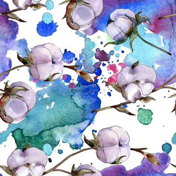 Cotton flowers. Watercolor background illustration set. Seamless background pattern. — Stock Photo