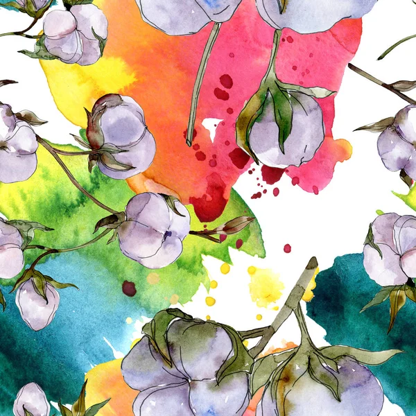 Baumwollblumen. Aquarell Hintergrundillustration Set. nahtloses Hintergrundmuster. — Stockfoto