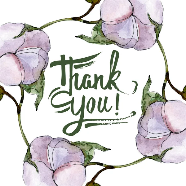 Cotton flowers watercolor background illustration set. Frame border ornament with thank you inscription. — Stock Photo